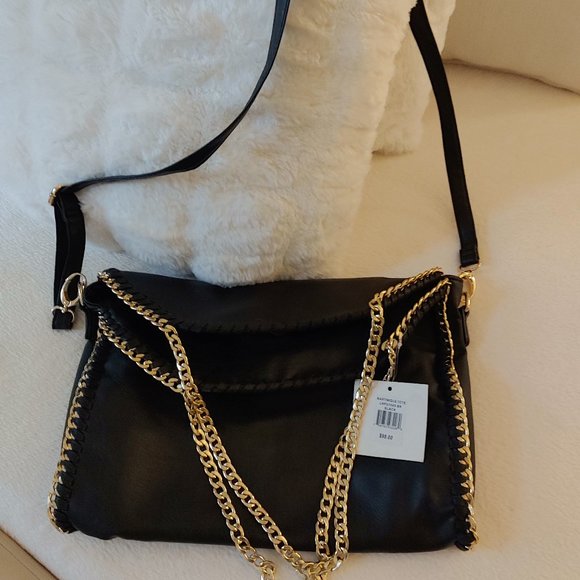 Designer Style Stella McCartney Style Crossbody Clutch Bag Black Gold Chain - Picture 11 of 15